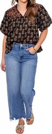 THML Clothing Woven Detail Floral Puff Sleeve Top In Black