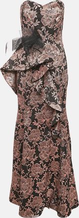 Badgley Mischka Black/metallic Floral Jacquard Ruffled Strapless Gown