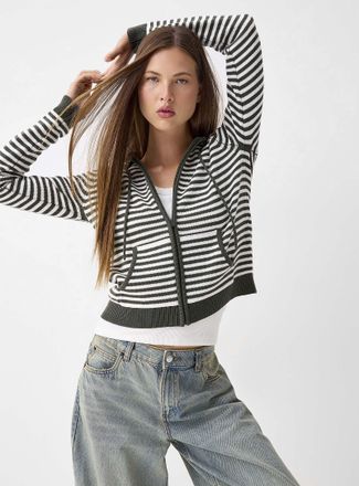 Twik Womens Hooded striped zip-up Cardigan Sweater