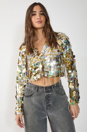 NASTY GAL Disc Tassel Trophy Jacket in Gold at Nordstrom, Size 10