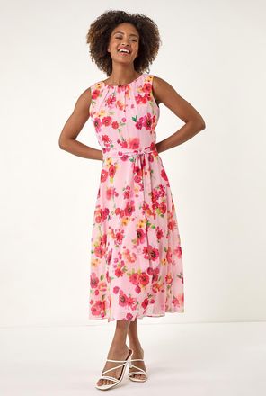 Roman Floral Pleated Chiffon Midi Dress