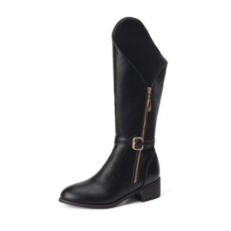 Generic Womens Round Toe Mid-Calf Boots PU Leather Knight Boots with Side Zipper Block Heel Long Boot with Buckle,Black,5.5 UK