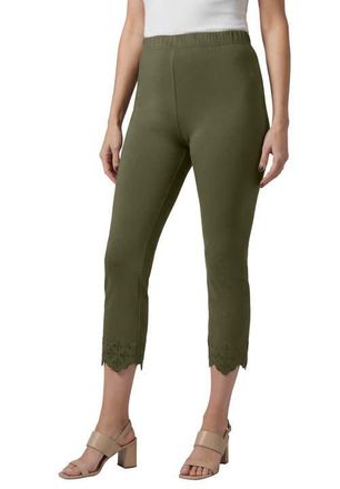 Jessica London Stretch Cotton Eyelet Capri Legging in Dark Olive Floral Eyelet at Nordstrom, Size Medium