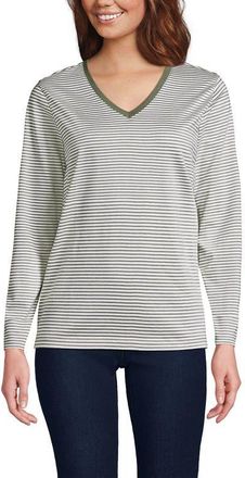 Lands End Supima Cotton Long Sleeve V-Neck T-Shirt in Sage Micro Stripe at Nordstrom, Size X-Small