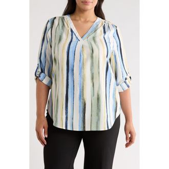 Anne Klein Stripe V-Neck Top in White Dove Multi at Nordstrom, Size 2 X