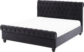 Beliani Cama Doble Tapizada En Terciopelo Negro 140 X 200 Cm Con Cabecero Acolchado Estilo Glam Avallon