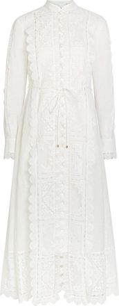 Zimmermann Aster Embroidered Belted Ramie Midi Dress - Ivory - 4 (UK 16 / XL)