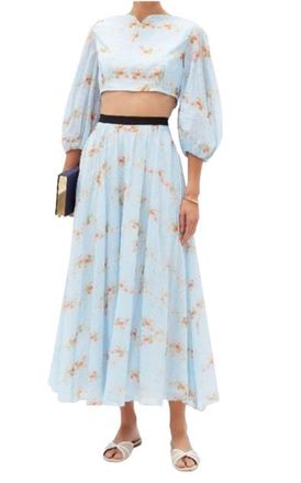 Emilia Wickstead Blue Floral Print Alula Midi Skirt Size M