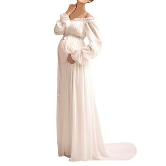 Generic plus Size Dresses Dress Sleeves Maternity Off Solid Photography Long Pregnants Women Shoulder Long Maternity dress Dress Midi (White, One Size)