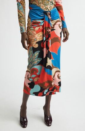 Etro Paisley Lotus Print Knot Front Midi Pencil Skirt in Red at Nordstrom, Size 10 Us