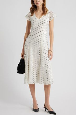 Open Edit Short Sleeve Godet Pleat Dress in Ivory- Black Corner Dot at Nordstrom, Size Xx-Small