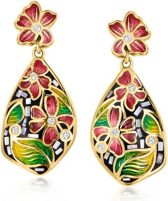 Ross-Simons Gray Mother-Of-Pearl and Multicolored Enamel Floral Drop Earrings With White Zircons in 18kt Gold Over Sterling