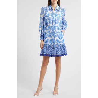 Julia Jordan Mixed Print Long Sleeve Shirtdress in Ivory/Blue at Nordstrom, Size X-Large