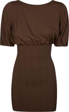 Elisabetta Franchi Rich Brown Puffed Sleeve Mini Dress