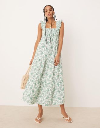 Nobody's Child Maya - Vestito midi a balze con volant sulle spalle verde ricamato