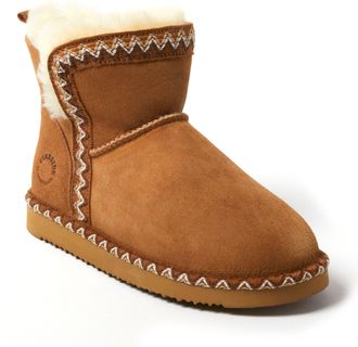 Dearfoams Fireside by Dearfoams Womens Perth Genuine Shearling Fold Down Bootie with Embroidery