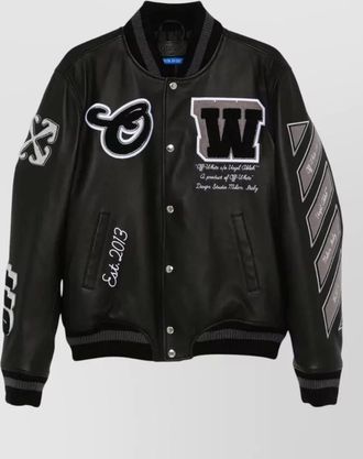 Off-white leather logo appliqu&eacute; bomber jacket
