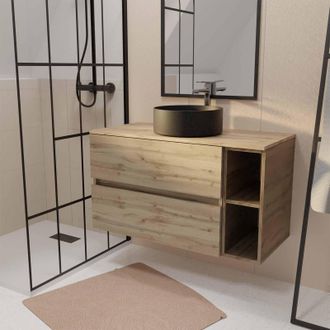 Aurlane Aurlane - Mueble De Ba&ntilde;o 100 Timber Decoraci&oacute;n Roble, 2 Cajones, Lavabo Negro