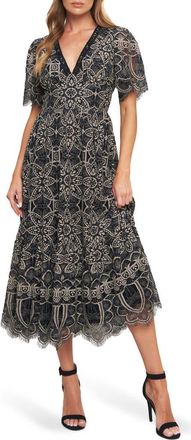 Flying Tomato Two-Tone Lace Short Sleeve Midi Dress in Black at Nordstrom Rack, Size Medium