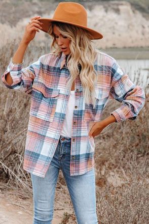 Azura Exchange Womens Oversized Plaid Flannel Shirt - Light Pink - Size Medium