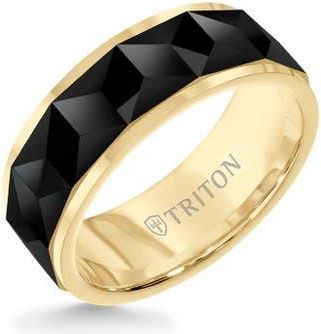 Triton 8MM Tungsten Carbide Ring with Faceted Chevron Pattern and Bevel Edge in Metallic Gold at Nordstrom, Size 11.5