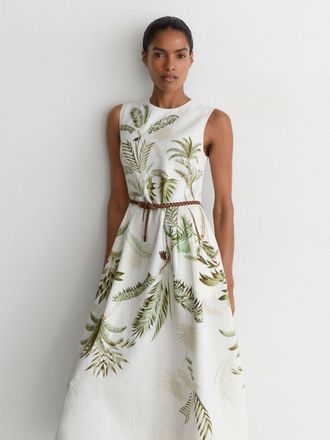 Reiss & khaki Linen Palm-print Midi Dress, 16
