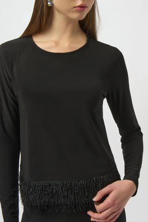Joseph Ribkoff Scoop Neck Fringe Hem Long Sleeves Top In Black