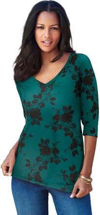Roaman's Plus Size Ultimate Long Sleeve V Neck Tee in Emerald Black Floral at Nordstrom, Size 36