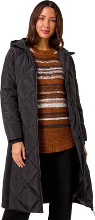 Roman Womens Longline Diamond Quilt Hooded Coat - Black - Size 20 UK