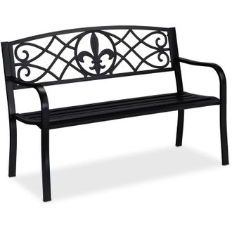 Relaxdays Relaxdays - Panca da Giardino, Con Giglio Decorativo, a 2 Posti, Acciaio, Arredamento Outdoor, 86 x 127 x 60 cm, Nero