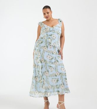 New Look Plus New Look Curve - Vestito midi in chiffon blu a fiori con volant