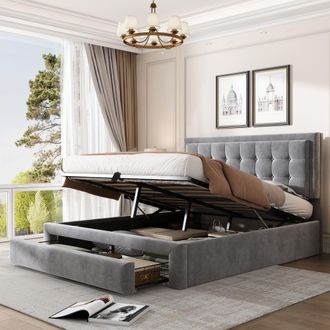 Matteo Upholstered Double Bed with Large Storage & Headboard, Grey