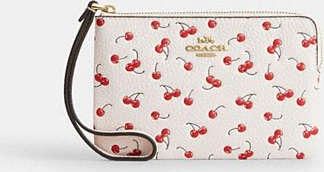 Coach Womens Corner Zip Wristlet With Cherry Print in White | Leather