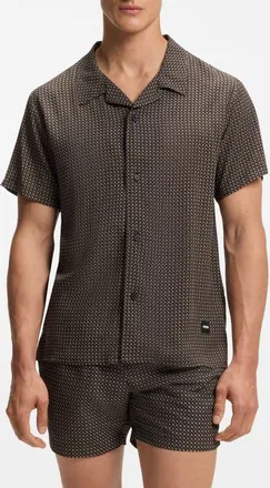 BOSS Beach Print Camp Shirt in Black at Nordstrom, Size Xx-Large