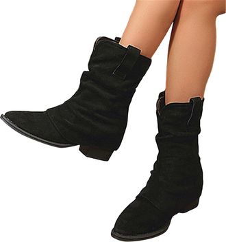 Generic Fold over Cowboy Boots for Women Modern Western Cowgirl Boots Mid Calf Pointed Toe Chunky Heel Slouchy Suede Fall Winter Boots with Pull on Tabs