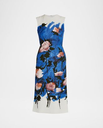 Erdem Sleeveless Painterly Floral Midi Pencil Dress