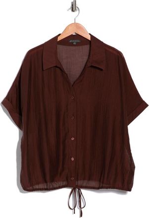 Adrianna Papell Short Sleeve Tie Front Button-Up Shirt in Chickory Coffee at Nordstrom Rack, Size 1X