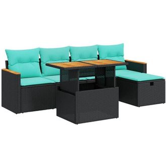 vidaXL 6 Piece Garden Sofa Set with Cushions Black Poly Rattan Acacia vidaXL