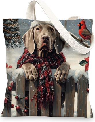 Generic Christmas Weimaraner Dog Canvas Tote Bag for Shopping 13x15, Winter Farmhouse Xmas Puppy Reusable Grocery Print Pattern Bag for Women, Happy New Year 