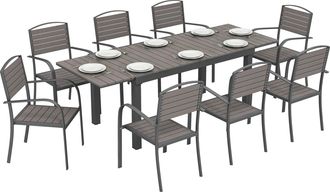 OUTSUNNY Conjunto De Mesa Y Sillas Jard&iacute;n De 9 Piezas, Con Mesa Extensible, Marco De Aluminio, 8 Sillas, Tablero De Lamas De Madera Pl&aacute;stica, Gris