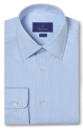 David Donahue Slim Fit Pinstripe Cotton Twill Dress Shirt in White/blue at Nordstrom, Size 15 - 32
