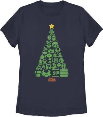 Nintendo Womens Nintendo Christmas Tree Mosaic Graphic T-Shirt in Navy Blue at Nordstrom, Size Medium
