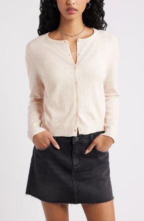 BP. Crewneck Cotton Blend Cardigan in Beige Light Oatmeal Heather at Nordstrom, Size Xx-Small