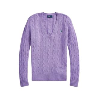 Ralph Lauren Lila Sweaters met V-hals en Kabelpatroon - Dames - V-hals truien - Paars - M - Truien & Vesten