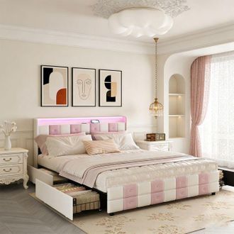 OEM Cama 160x200 De Terciopelo Blanco Y Rosa Con Led, Puerto Usb Tipo C, Somier De Lamas Y 4 Cajones
