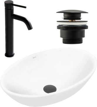 Rea Rea - Set Lavabo Sobre Encimera Pamela White + Grifo De Ba&ntilde;o Lungo Black Matt + Tap&oacute;n Black Matt