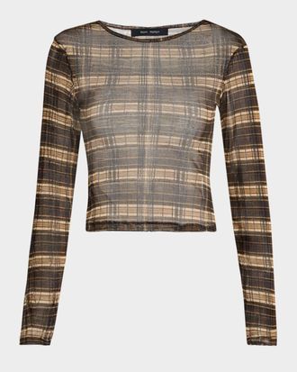 Wynn Hamlyn Plaid Silk-Mesh Long-Sleeve Top