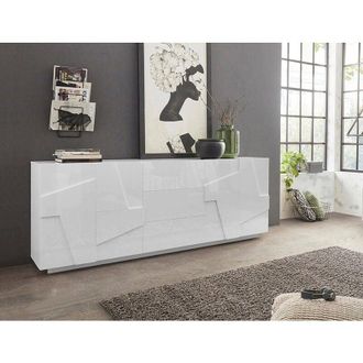 Dmora Credenza moderna a 4 ante e 3 cassetti, Made in Italy, Madia da cucina con dettaglio, Buffet di design da soggiorno, cm 224x44h86, colore Bianco