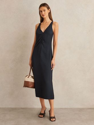 Reiss Womens Navy Blue Ruched Sleeveless Midi Dress, Size: 18