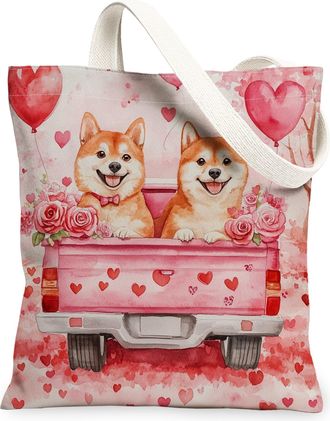 Generic Valentines Day Westie Dog Canvas Tote Bag for Shopping 13x15, Fun Truck Puppy Reusable Grocery Print Bag for Women, Couple Beach Aesthetic Painting Gi